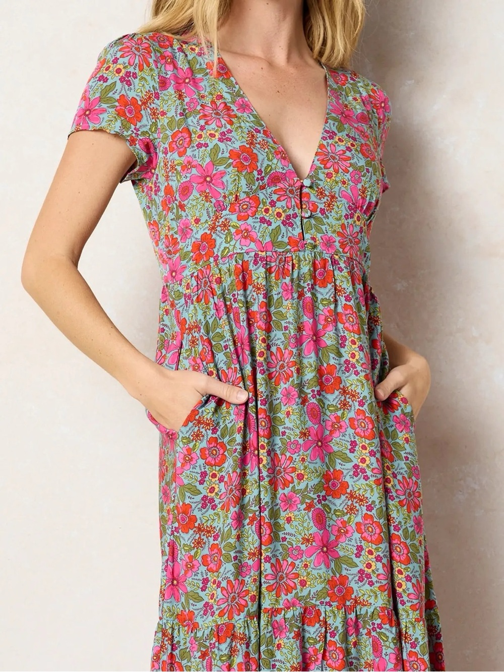 Natural Life Evangeline Floral V-Neck Maxi Dress in Pink and Aqua Small New - Picture 5 of 5